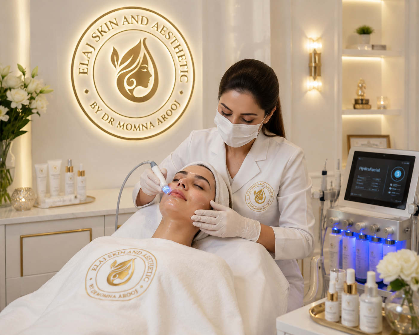 Dr. Momna Arooj's team performing a HydraFacial at ELAJ